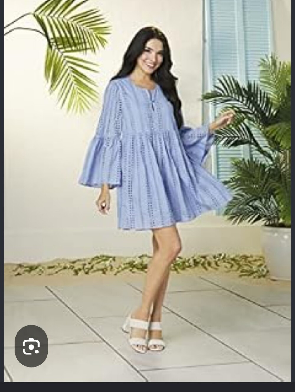 Mud Pie Blue Eyelet Tiered Bell-Sleeve Mini Dress